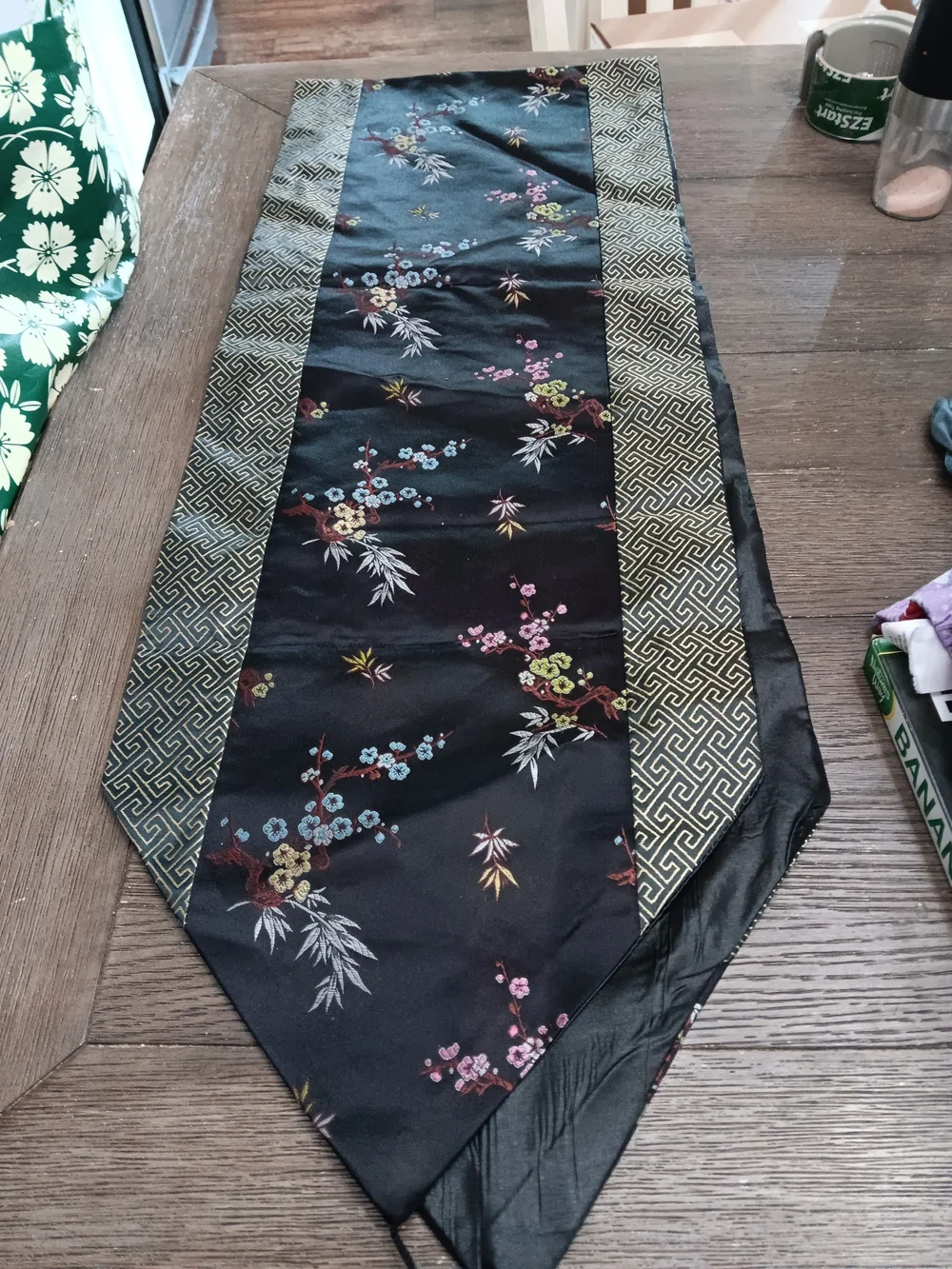 Black Floral & Gold Patterned Table Runner With Tassles 68 By 12.5
